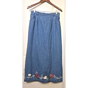 Vtg 90s Y2K Denim & Co Maxi Skirt Cottagecore Floral‎ Embroidered Long Size M